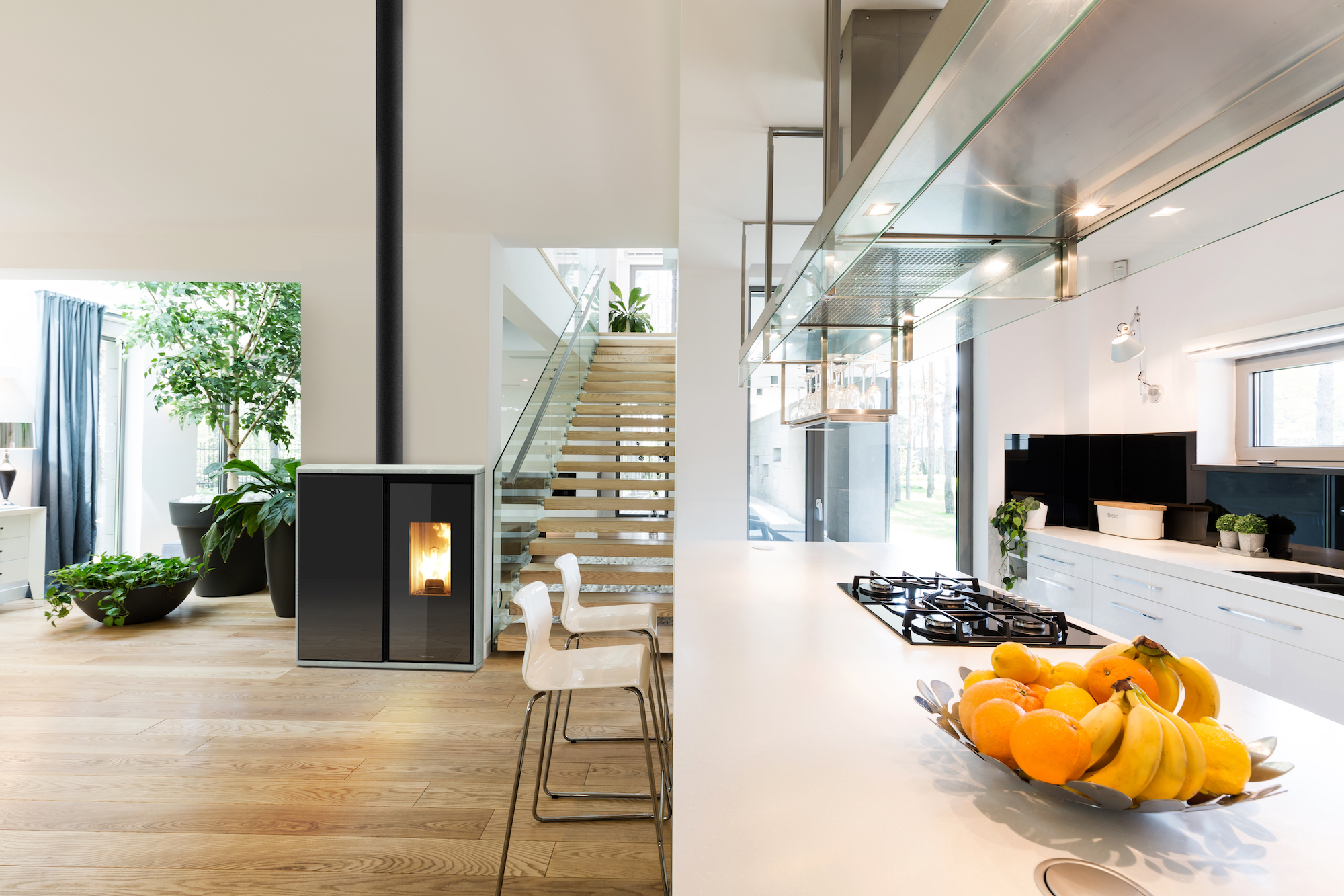 Spacious new villa interior with an open white kitchen, light living room with decorative plants and wooden stairs